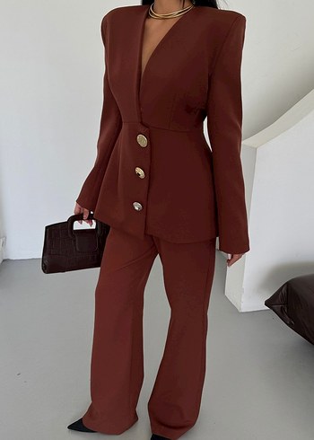 Kahverengi Kadın Uzun Ceketli Takım - Görsel 4