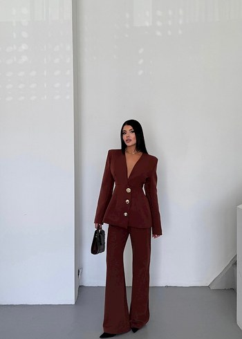 Kahverengi Kadın Uzun Ceketli Takım - Görsel 2