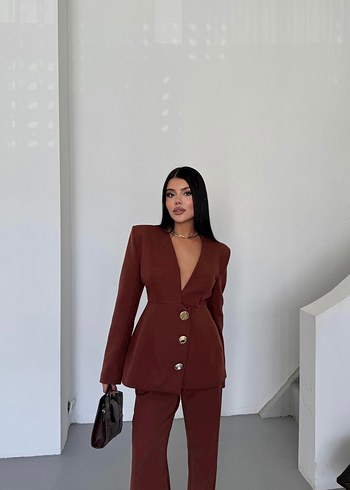 Kahverengi Kadın Uzun Ceketli Takım - Görsel 8