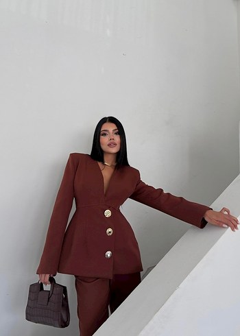 Kahverengi Kadın Uzun Ceketli Takım - Görsel 3