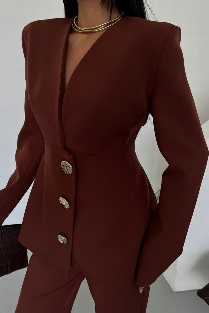 Kahverengi Kadın Uzun Ceketli Takım - Görsel 5