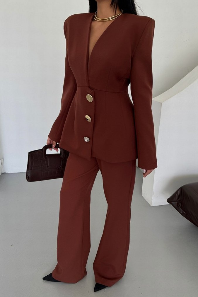 Kahverengi Kadın Uzun Ceketli Takım - Görsel 4