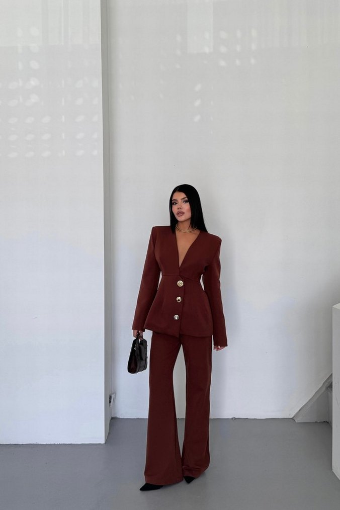 Kahverengi Kadın Uzun Ceketli Takım - Görsel 2