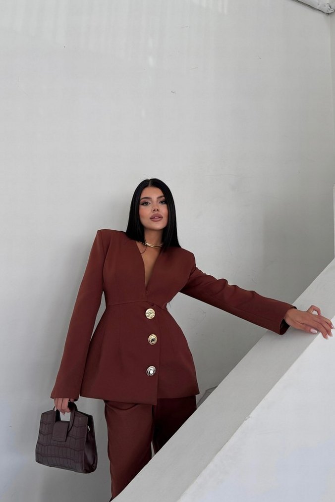 Kahverengi Kadın Uzun Ceketli Takım - Görsel 3