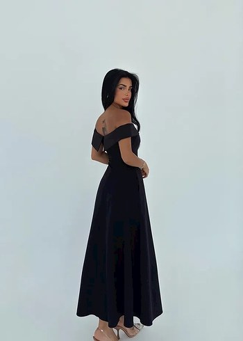 Siyah Uzun Drapeli Kayık Yaka Elbise - Görsel 3