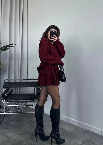 Bordo Boğazlı Salaş Triko Kadın Kazak Etek İkili Takım - Görsel 2