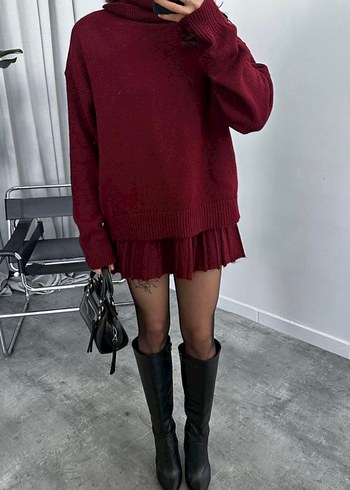 Bordo Boğazlı Salaş Triko Kadın Kazak Etek İkili Takım - Görsel 3