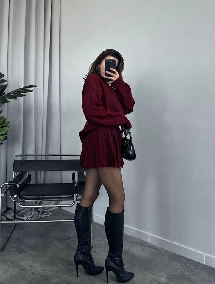 Bordo Boğazlı Salaş Triko Kadın Kazak Etek İkili Takım - Görsel 2