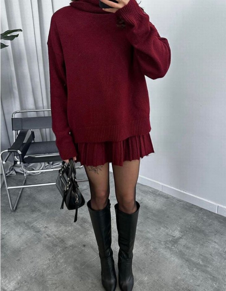 Bordo Boğazlı Salaş Triko Kadın Kazak Etek İkili Takım - Görsel 3