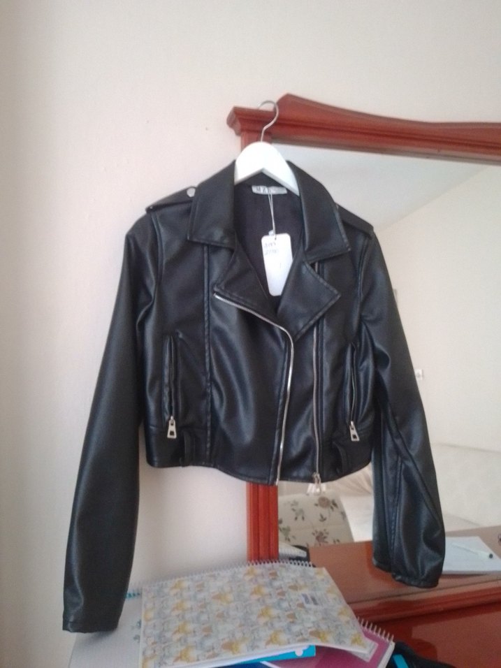 Kadın Siyah Deri Biker Ceket - Görsel 2