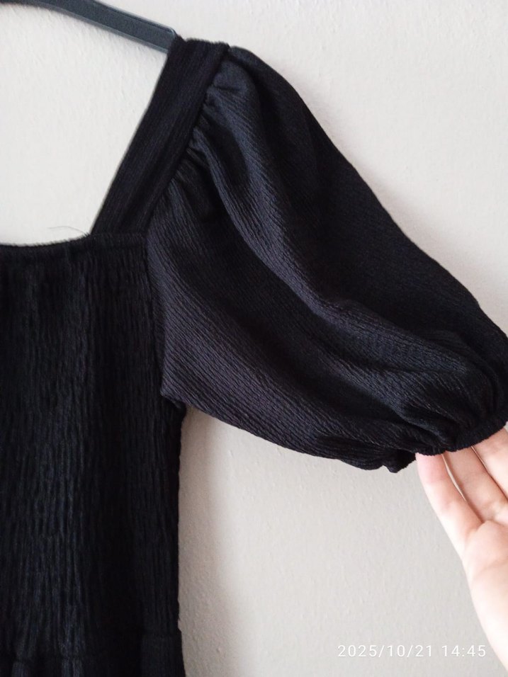 Siyah Uzun Keten Elbise, Pile Detaylı - Görsel 2