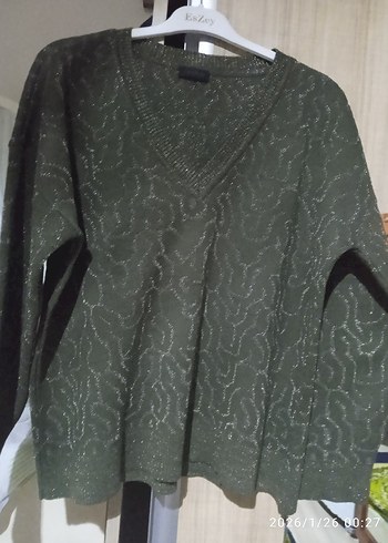 Kadın Gri V Yaka Triko Kazak Standart bedendir - Görsel 4