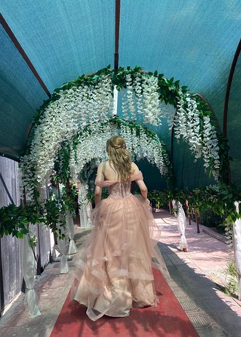 Pudra Pembe Straplez Uzun Abiye Elbise - Görsel 2