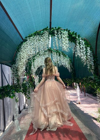 Pudra Pembe Straplez Uzun Abiye Elbise - Görsel 3