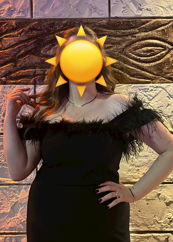 Kürk Detaylı Siyah Uzun Straplez Elbise - Görsel 2