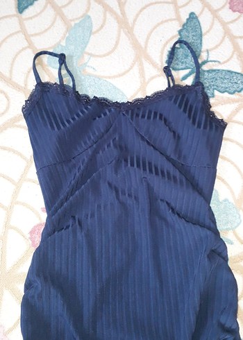 Mavi V Yaka Drapeli Mini Elbise - Görsel 2