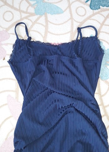 Mavi V Yaka Drapeli Mini Elbise - Görsel 3