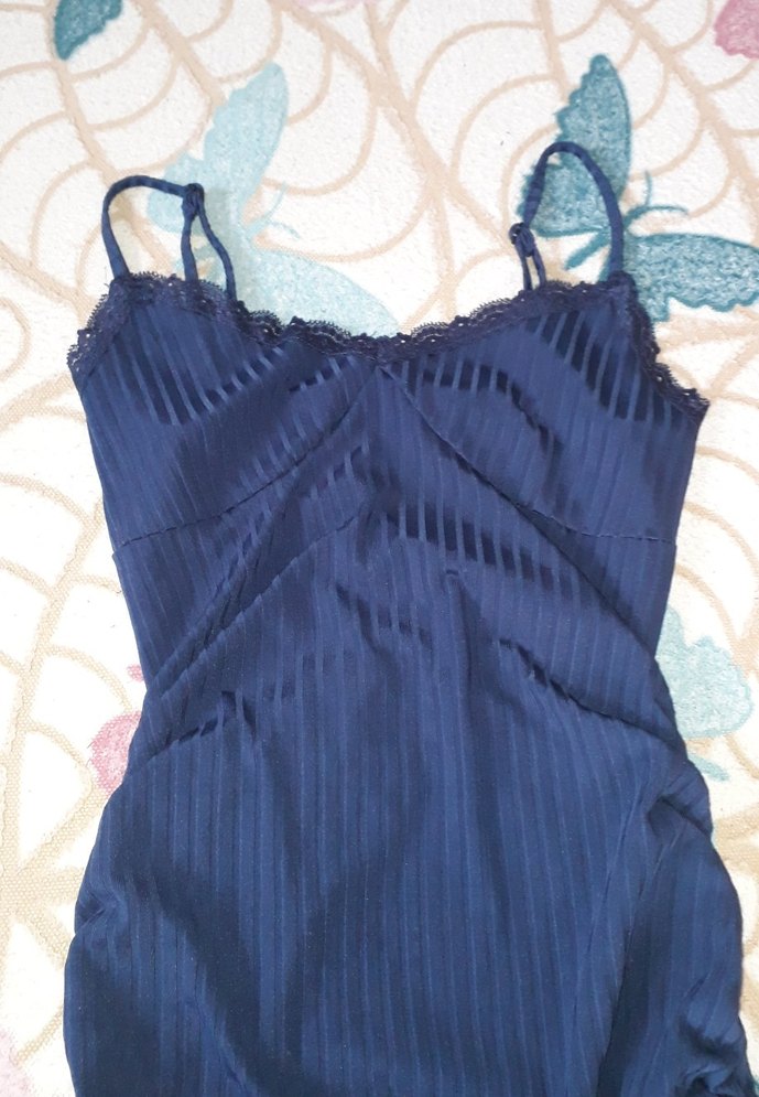 Mavi V Yaka Drapeli Mini Elbise - Görsel 2