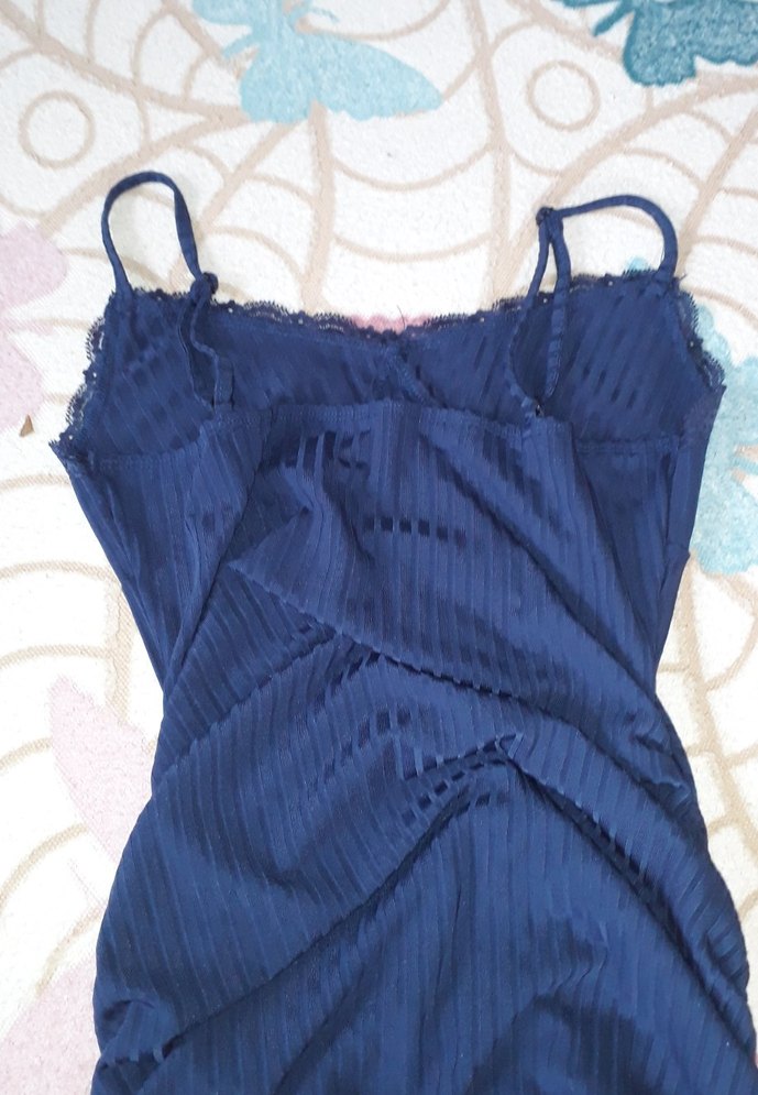 Mavi V Yaka Drapeli Mini Elbise - Görsel 3