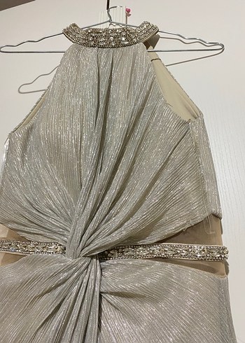 Bej Drapeli Uzun Abiye Elbise - Görsel 4