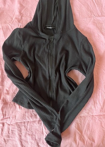 Kadın koyu gri Fitilli Kapüşonlu Fermuarlı Ceket - Görsel 2