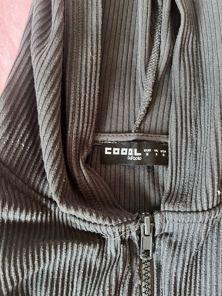 Kadın koyu gri Fitilli Kapüşonlu Fermuarlı Ceket - Görsel 3