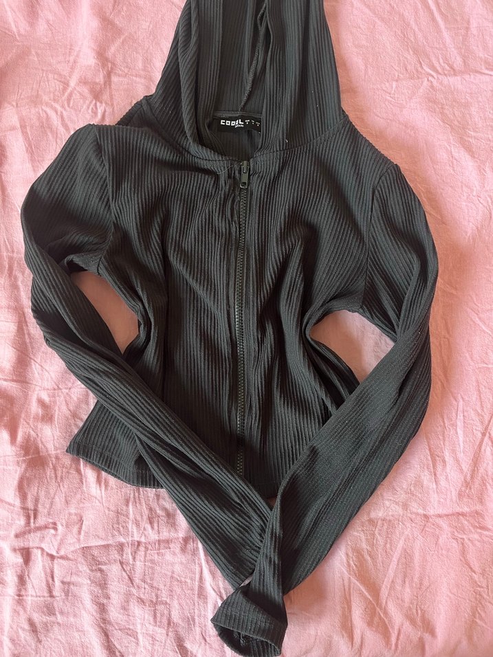 Kadın koyu gri Fitilli Kapüşonlu Fermuarlı Ceket - Görsel 2