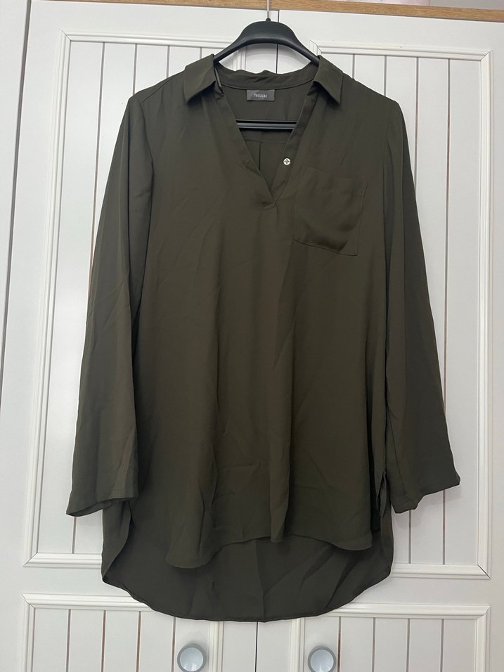 Kadın Haki V Yaka Düğmeli Salaş Gömlek - Görsel 2