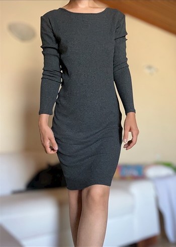 Gri Kadın Uzun Kollu Triko Elbise - Görsel 2