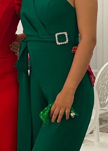 Kemer Detaylı Yeşil Straplez Kadın Tulum - Görsel 2