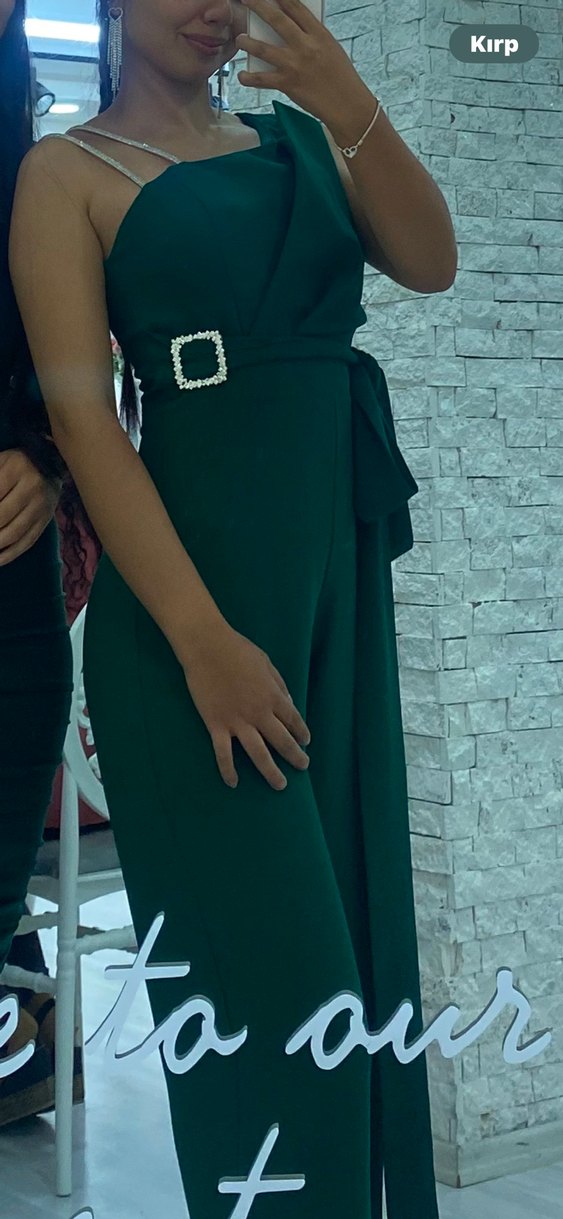 Kemer Detaylı Yeşil Straplez Kadın Tulum - Görsel 3