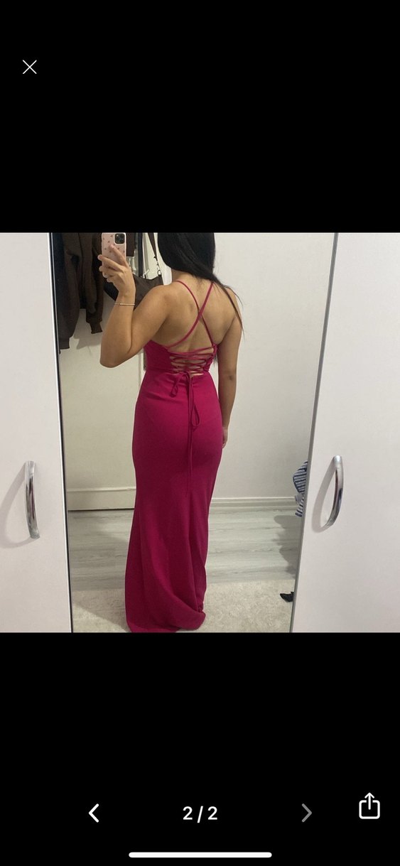 Pembe Uzun V Yaka İnce Askılı Abiye Elbise - Görsel 2