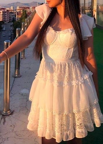 Vintage Bohem Mini Gelinlik, Straplez, Beyaz - Görsel 3