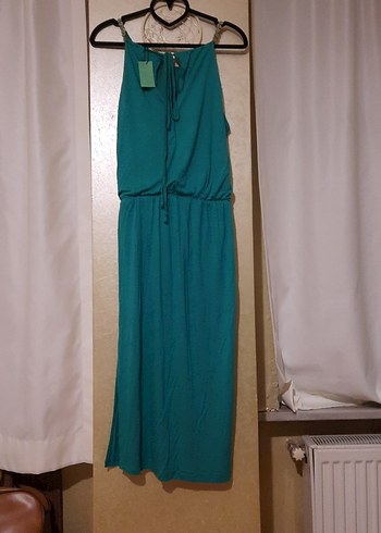 Kadın Yeşil Uzun BATİK Askılı Elbise - Görsel 6