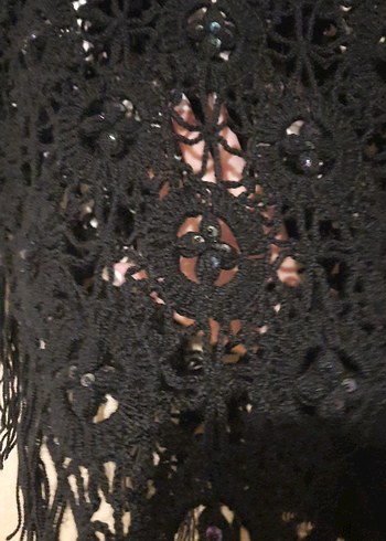 Siyah Dantel Detaylı Örgü Kadın Panço - Görsel 3