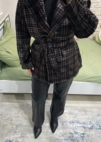 Düğmeli  Ekoseli Midi Kadın Kaban çeket - Görsel 3