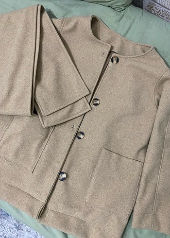 Bej Midi Kadın Kaban, Notched Lapel Yaka, Rahat Kesim - Görsel 3