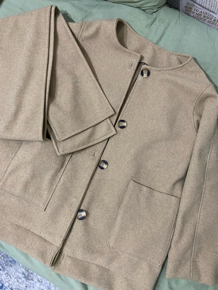 Bej Midi Kadın Kaban, Notched Lapel Yaka, Rahat Kesim - Görsel 3