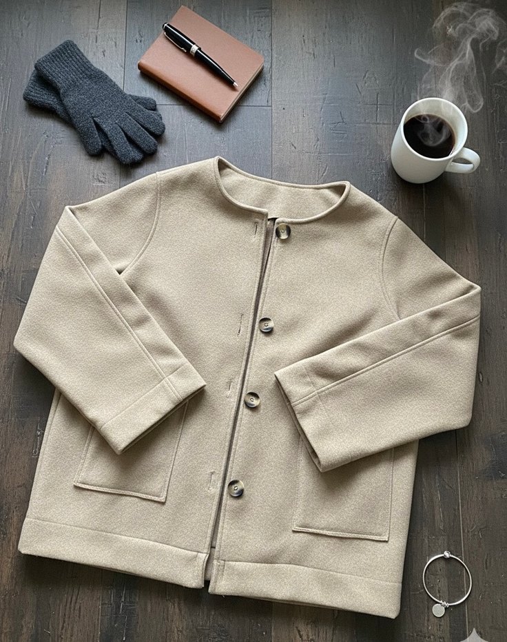 Bej Midi Kadın Kaban, Notched Lapel Yaka, Rahat Kesim - Görsel 2