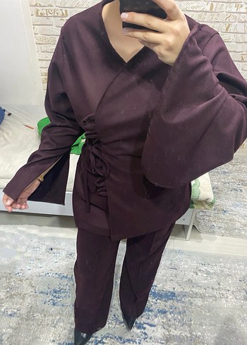 Bordo Kadın Süet Uzun Ceket Takım - Görsel 3