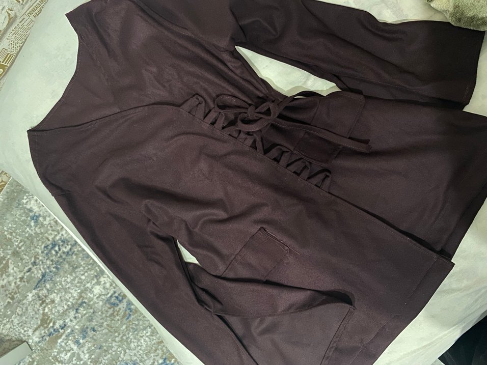 Bordo Kadın Süet Uzun Ceket Takım - Görsel 2