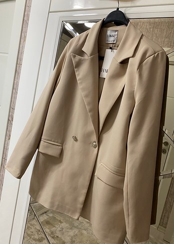 Bej Kadın Düğmeli Midi Blazer Ceket - Görsel 2