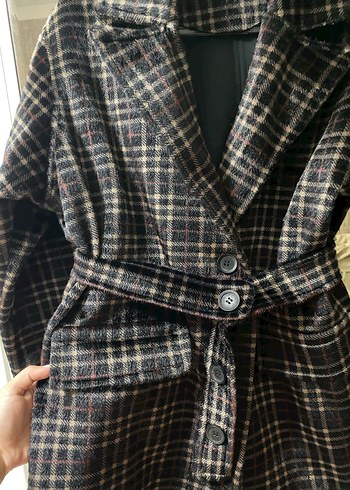 Düğmeli Kahverengi Ekose Kadın Midi Kaban - Görsel 4