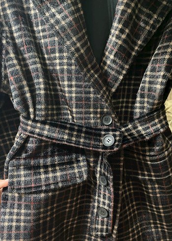 Düğmeli Kahverengi Ekose Kadın Midi Kaban - Görsel 3