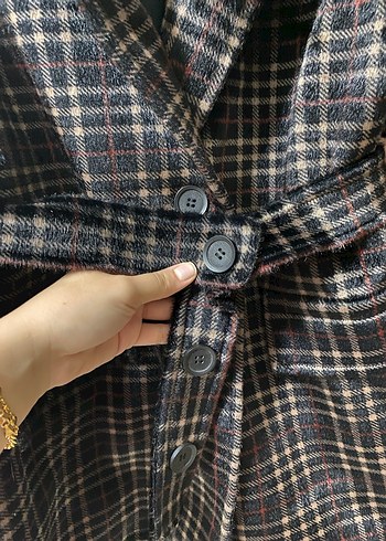 Düğmeli Kahverengi Ekose Kadın Midi Kaban - Görsel 2