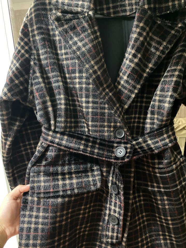 Düğmeli Kahverengi Ekose Kadın Midi Kaban - Görsel 4