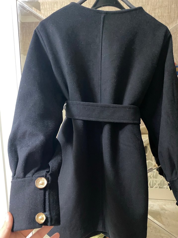 Düğmeli Siyah Mini Kadın Kaban - Görsel 5