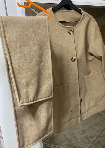 Bej Kadın Düğmeli Midi atkılı kaban - Görsel 2