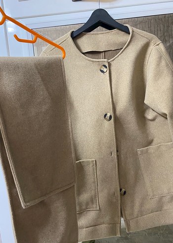 Bej Kadın Düğmeli Midi atkılı kaban - Görsel 3