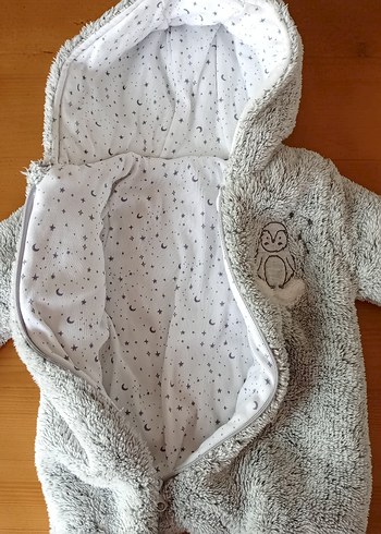 Gri Peluş Bebek Tulumu Kulaklı Kapüşonlu - Görsel 3